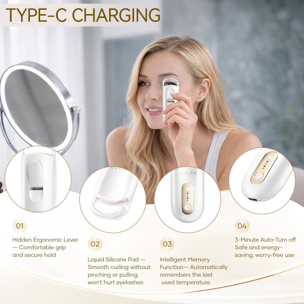 ANLAN Recourbe-cils électrique Large ouverture Rechargeable Rehaussement des cils jusqu'à 24 h Contr