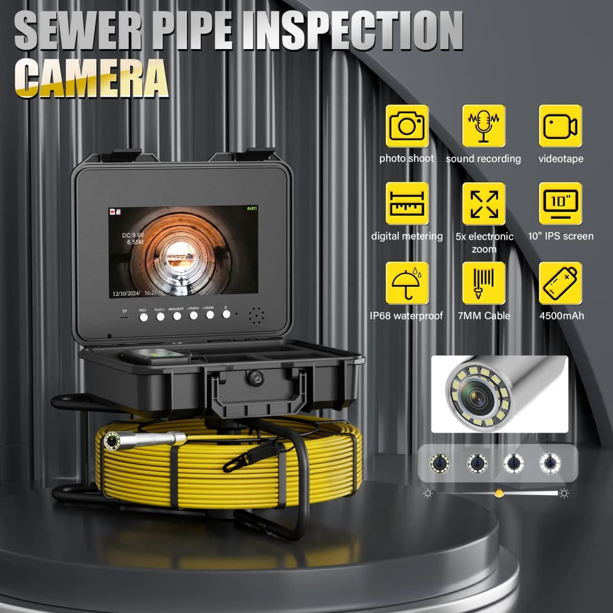 Caméra d'inspection de tuyaux d'égout avec localisateur compteur 10 "IPS DVR 7MM câble en fibre de v
