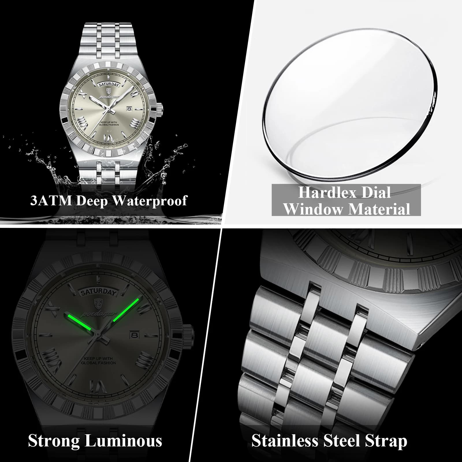 POEDAGAR luxe homme d'affaires montre semaine Date étanche montres lumineuses pour hommes en acier i