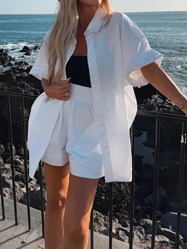 Femmes ample demi manches solide deux pièces ensemble Shorts décontracté vêtements de rue femme corr