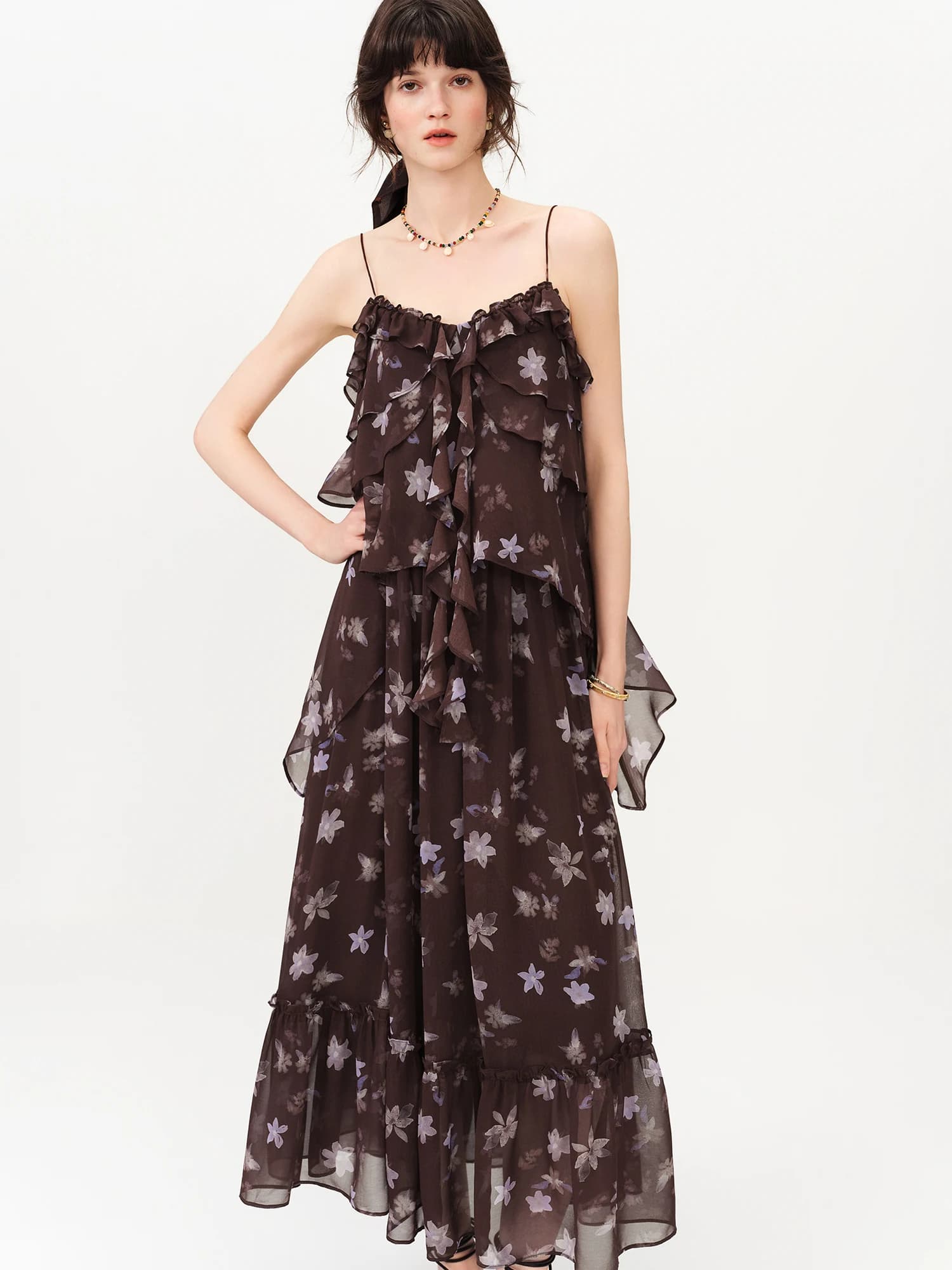 Robe longue à volants style halter FSLE, imprimé floral café et violet, nouvelle collection Printemp