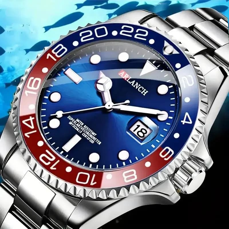 Montre d'affaires en acier inoxydable 40mm classique rouge bleu cercle série de plongée loupe calend