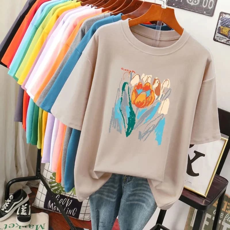 T-shirt manches courtes col rond femme, estival et basique, avec peinture florale, noir et blanc, gr
