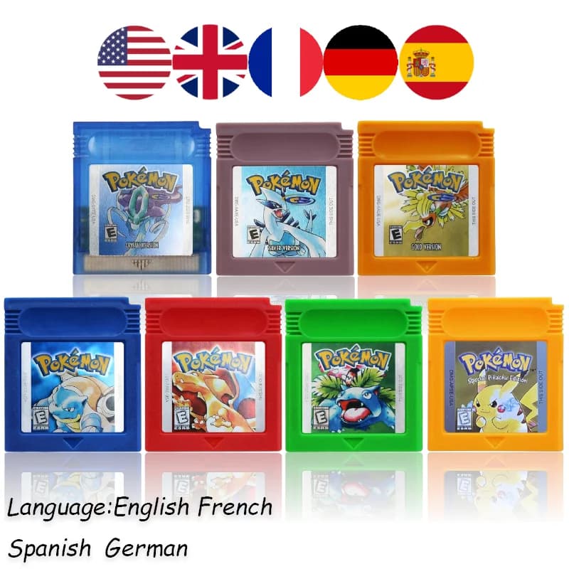 Lot de cartouches Pokémon multilingues USA/EUR/ESP/FRA/NOE GBC Rouge/Bleu/Cristal/Or/Argent/Jaune/Ve