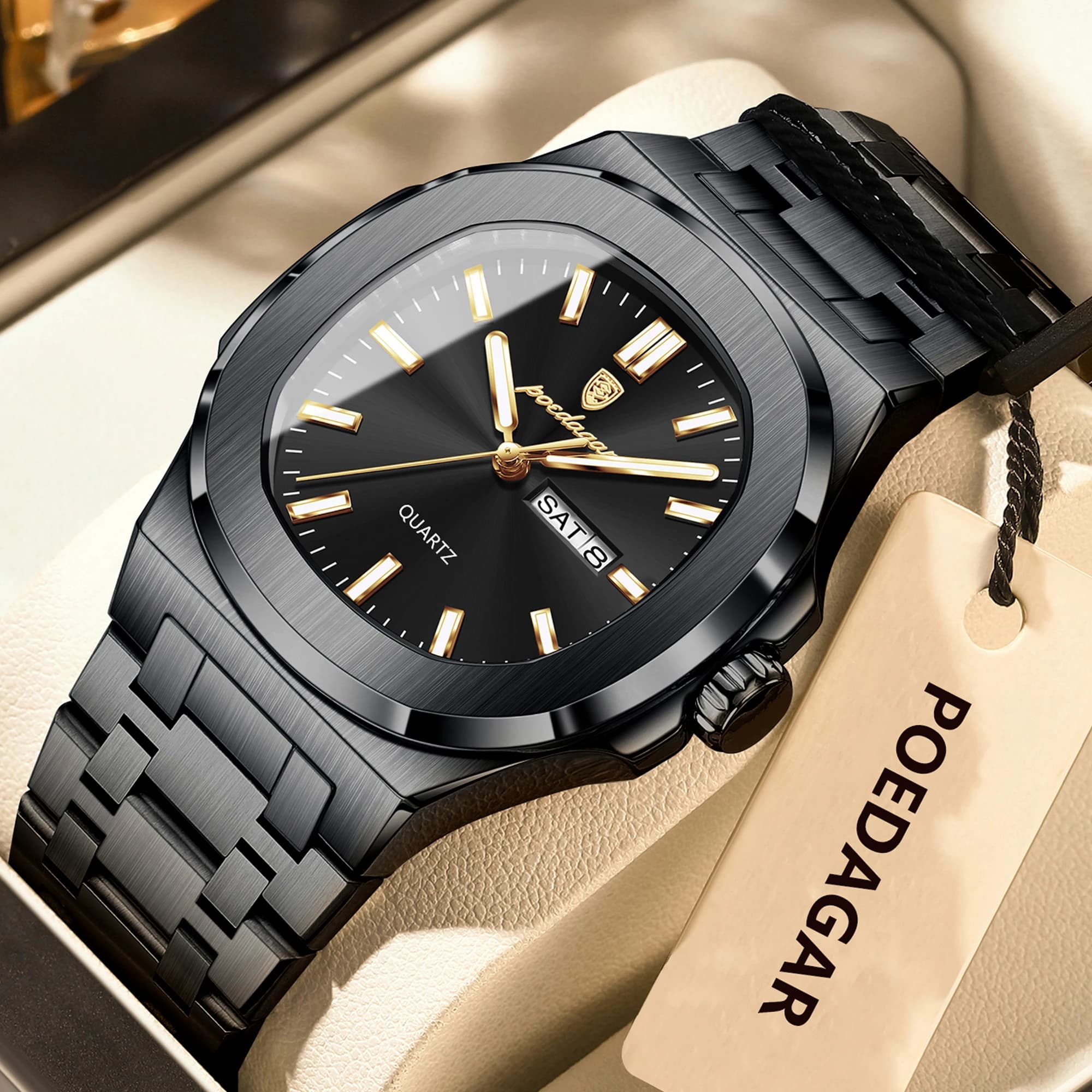 POEDAGAR luxe carré hommes montres étanche lumineux Date semaine hommes montre en acier inoxydable m