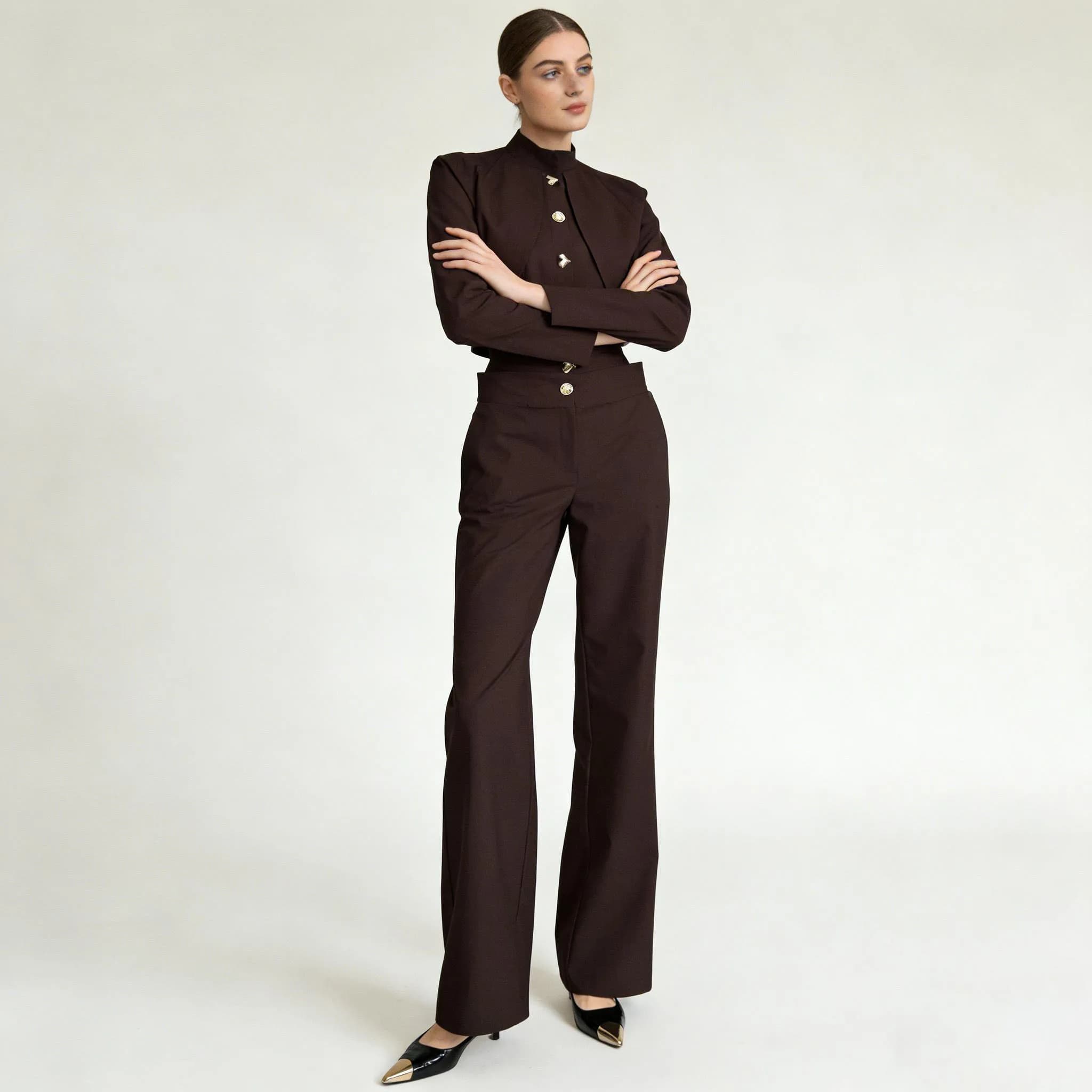 Haut court boutonné à col montant LIMO + pantalon large taille haute, ensemble élégant 2 pièces pour