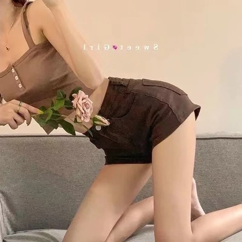 Short en denim taille haute pour femme, short marron, chic, surintendant ser, tout match, mince, sim
