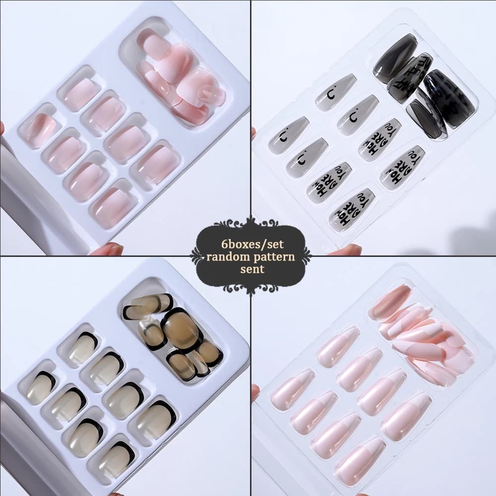 6 boîtes/144 pièces mélange aléatoire Style court rond presse sur ongles doux couverture complète dé
