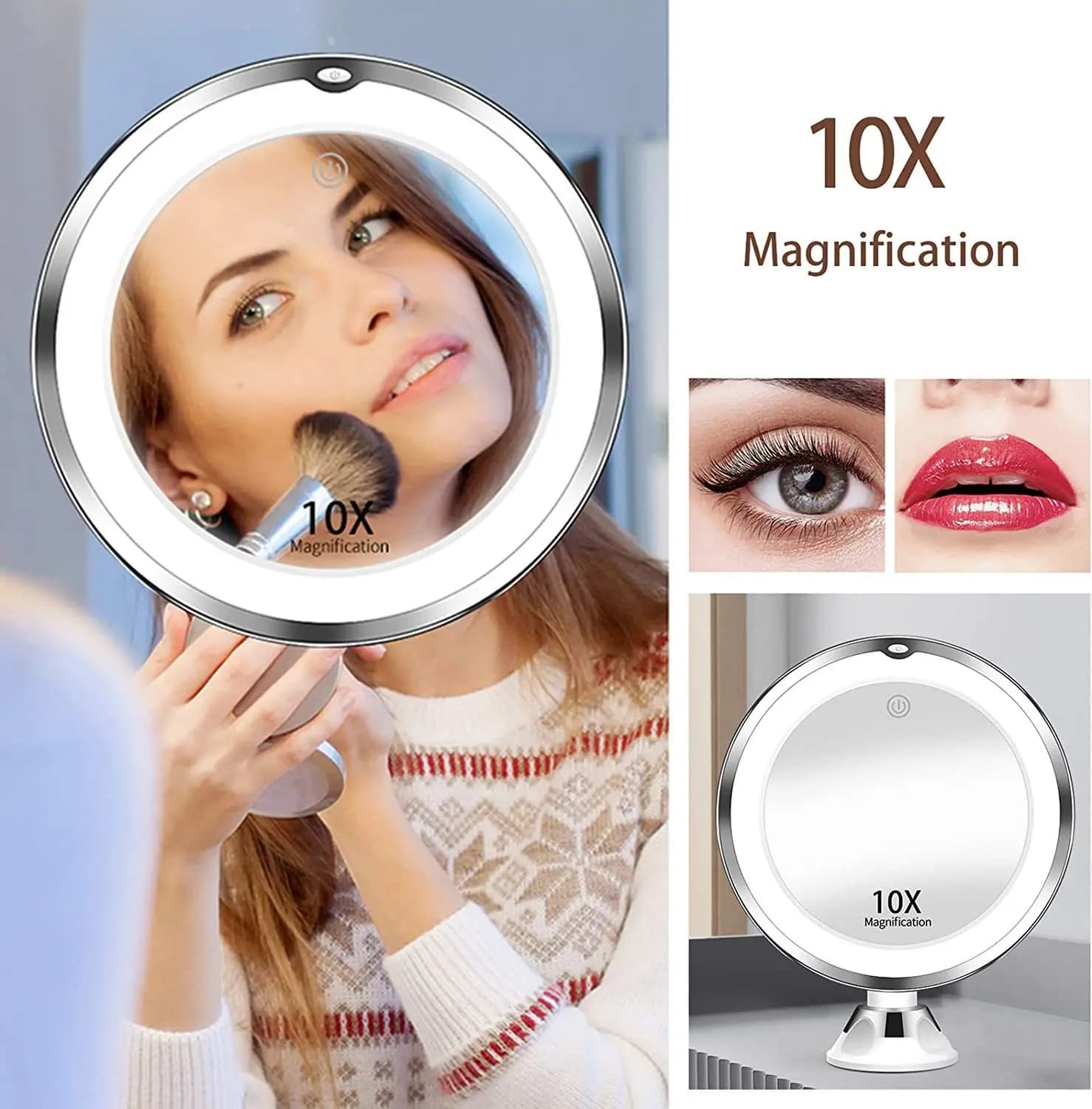 Miroir de vanité grossissant Flexible 10x avec lumières, éclairage à écran tactile, lampe de maquill