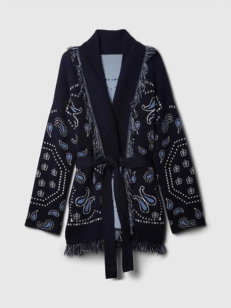 Cardigan imprimé Vintage avec pompons pour femme, col en v, manches longues, pull épissé, assorti av
