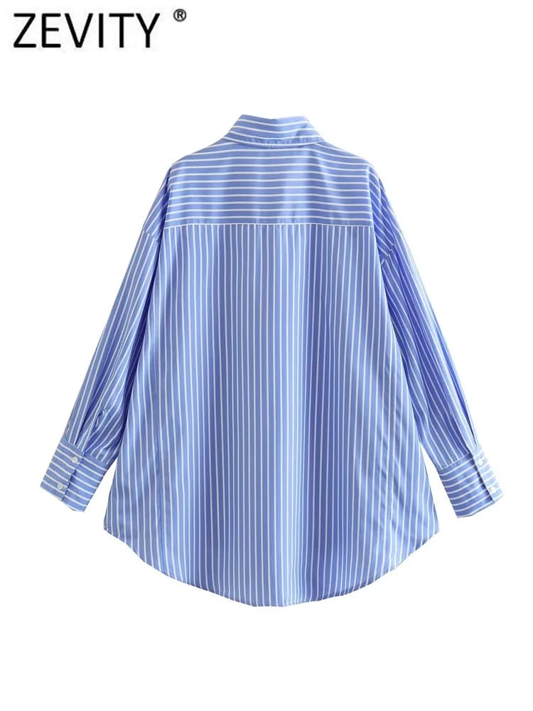 Zevity femmes mode blanc bleu rayé imprimé chemise ample bureau dame Double poche Patch Smock Blouse