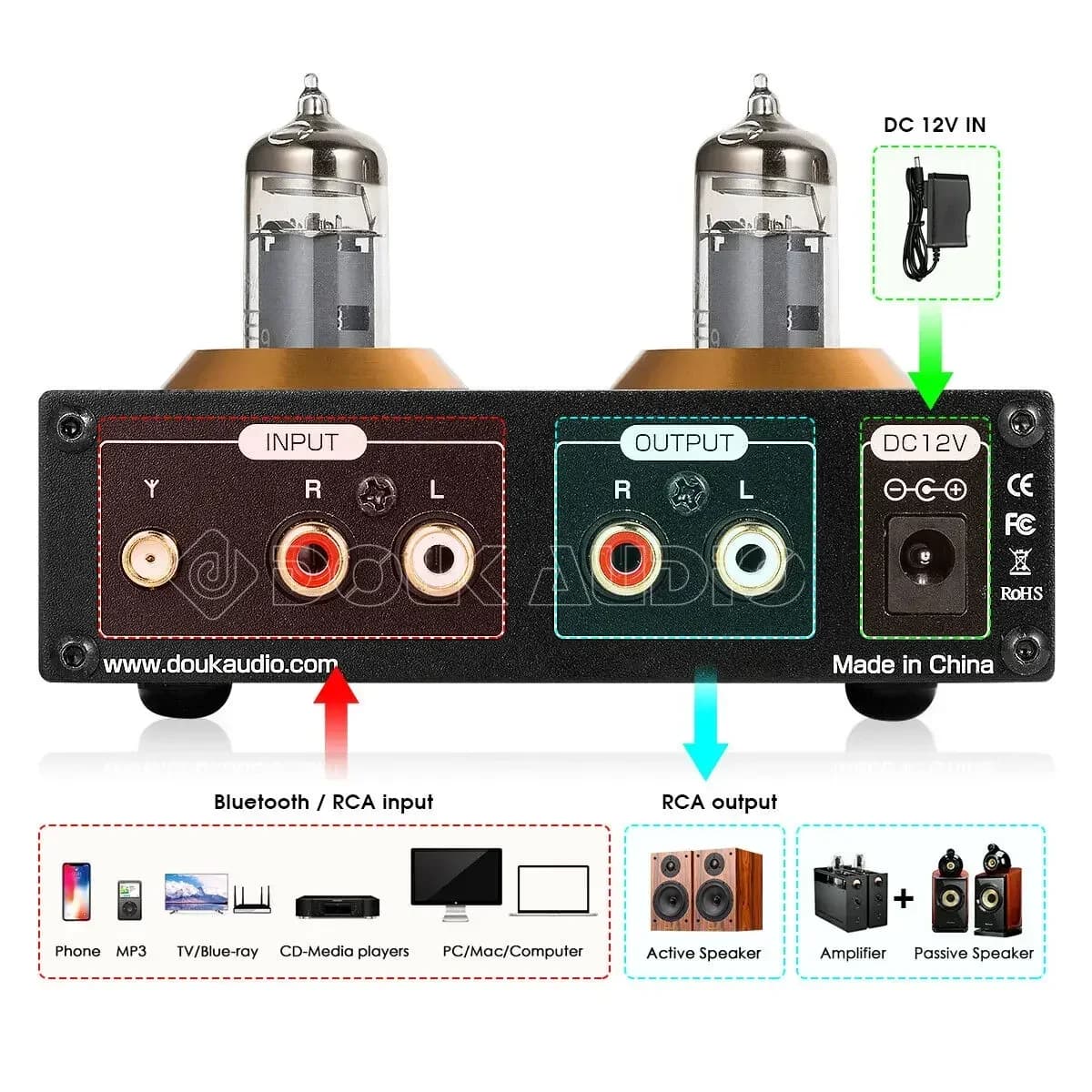 Douk-Mini préampli à tube sous vide Bluetooth 5.0, récepteur audio stéréo HiFi, lecteur de musique U