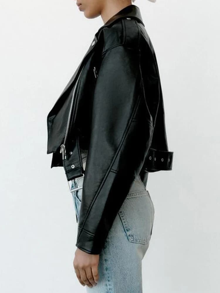 Ailegogo printemps automne femmes Faux cuir Pu veste courte avec ceinture moto motard femme fermetur