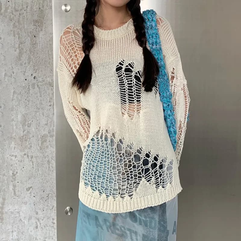 Karrram – pull gothique ajouré, surdimensionné, transparent, Streetwear, vêtements Grunge Y2k, print