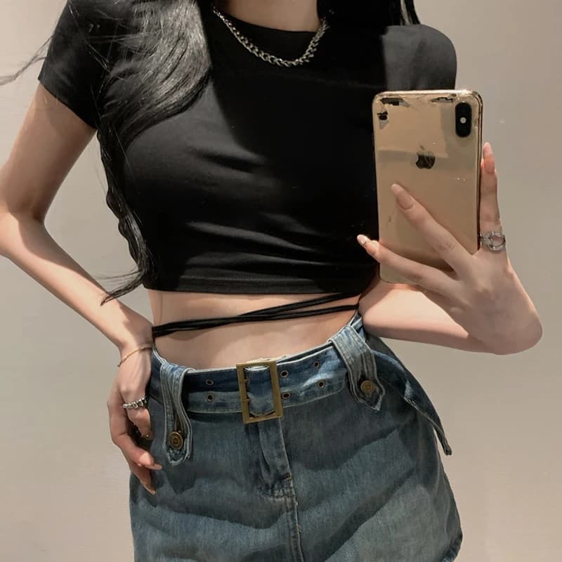 90s Été Sexy Dos Nu Cravate Bandage À Top Femmes Manches Courtes Gilet T-shirt Mode Casual Évider Mi
