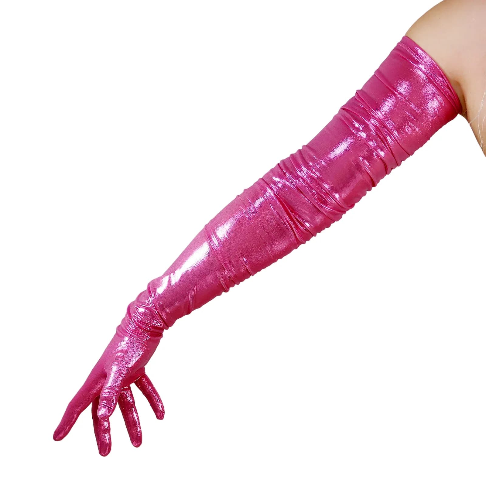 DooWay gants longs rose métallisé froncé 90 cm longueur d'épaule scintillant liquide brillant danse 