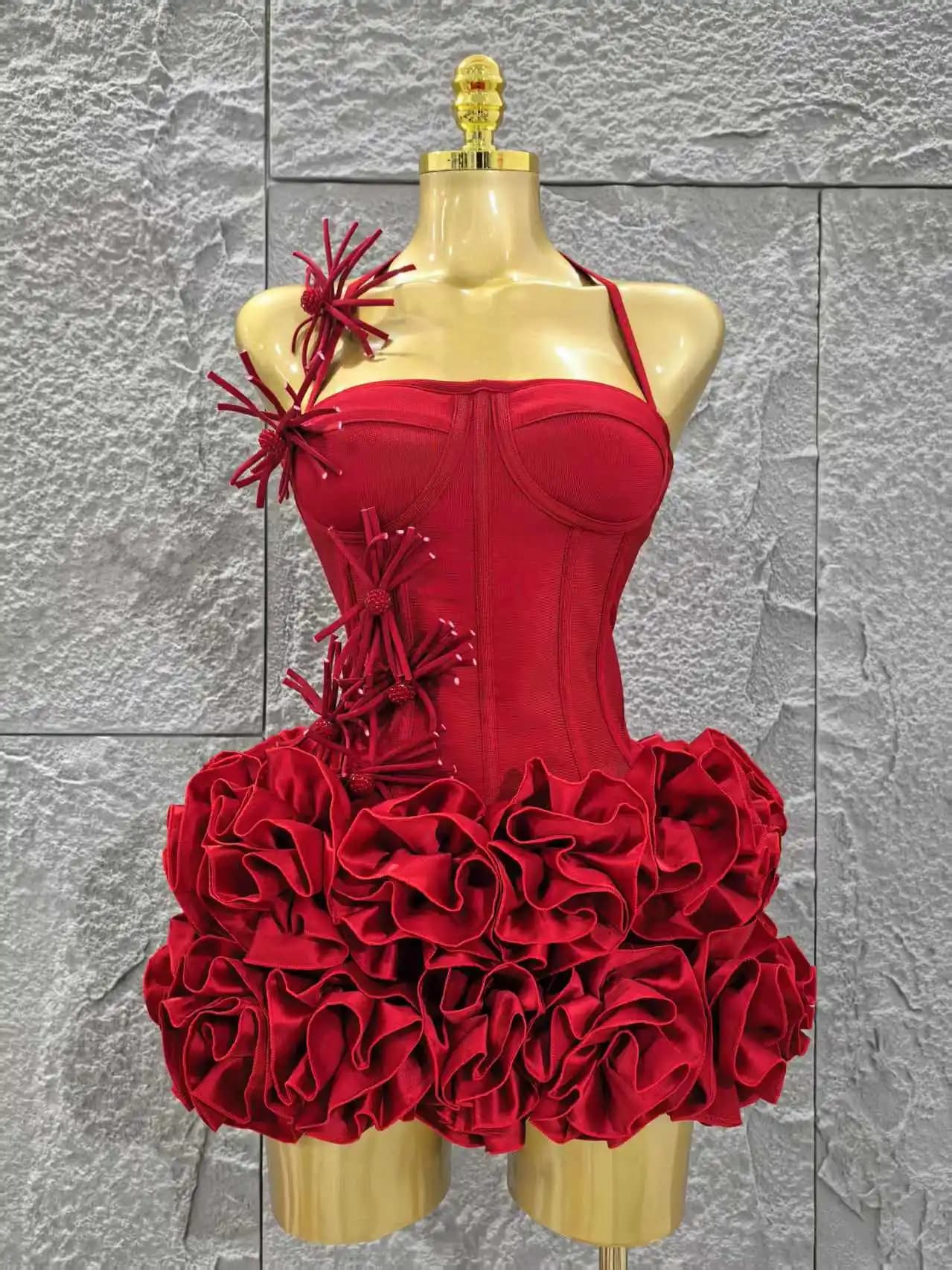 Élégant maigre luxe fête d'anniversaire rouge noir pansement tenue femmes Sexy licou robe de bal cél