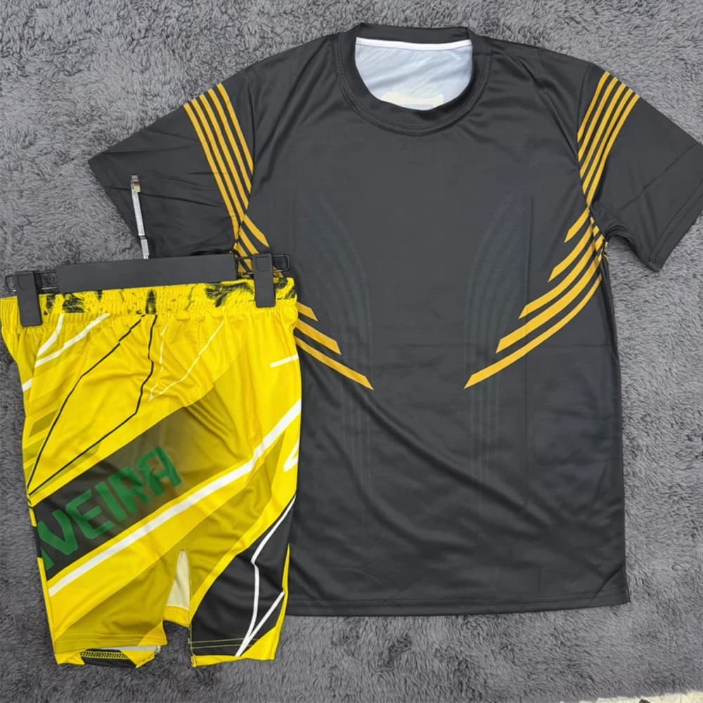 Ensemble de shorts et tee-shirt de combat MMA édition jaune Charles Oliveira pour homme, séchage rap