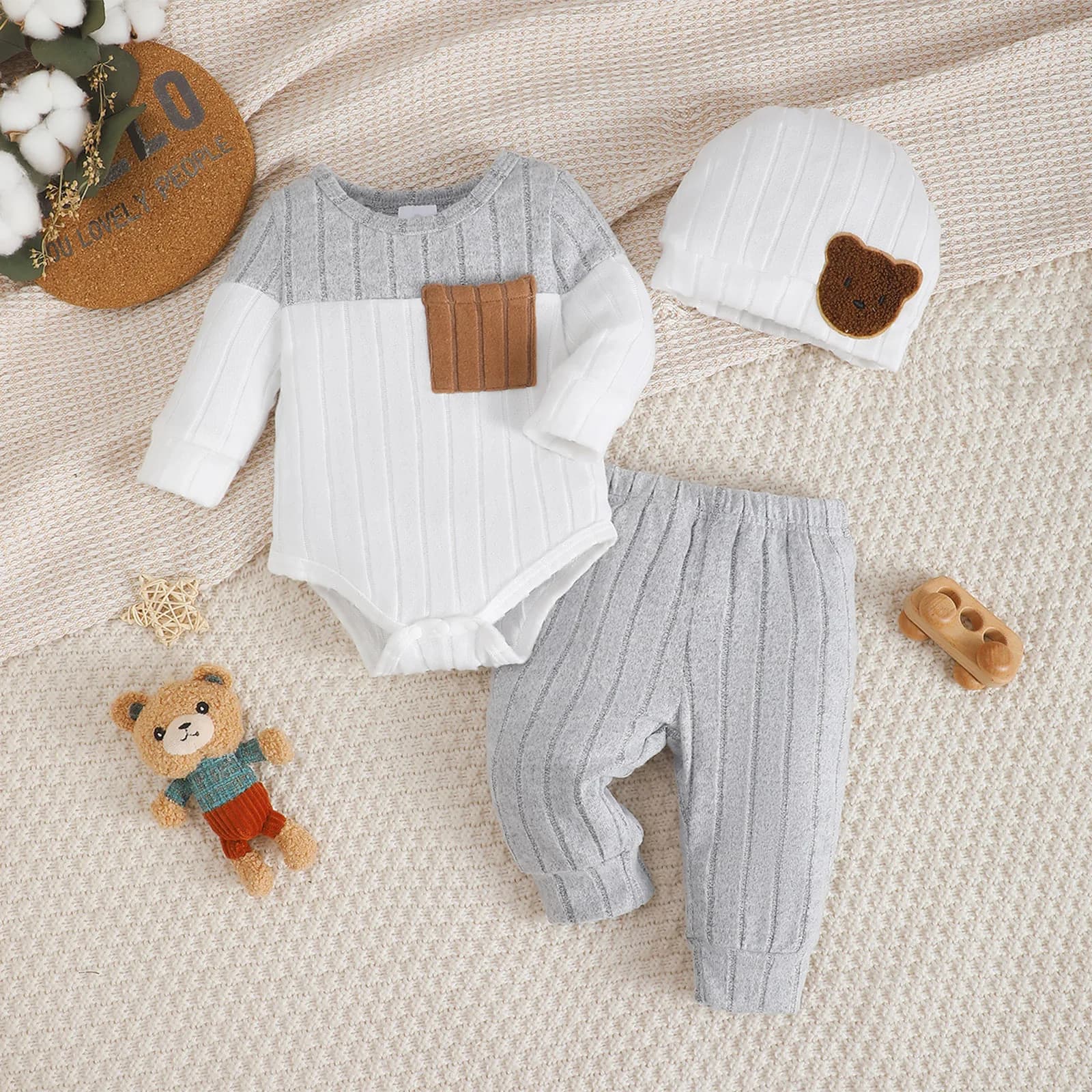 0-18 mois nouveau-né bébé garçon ensemble col rond couleur bloquée body + pantalon + chapeau confort