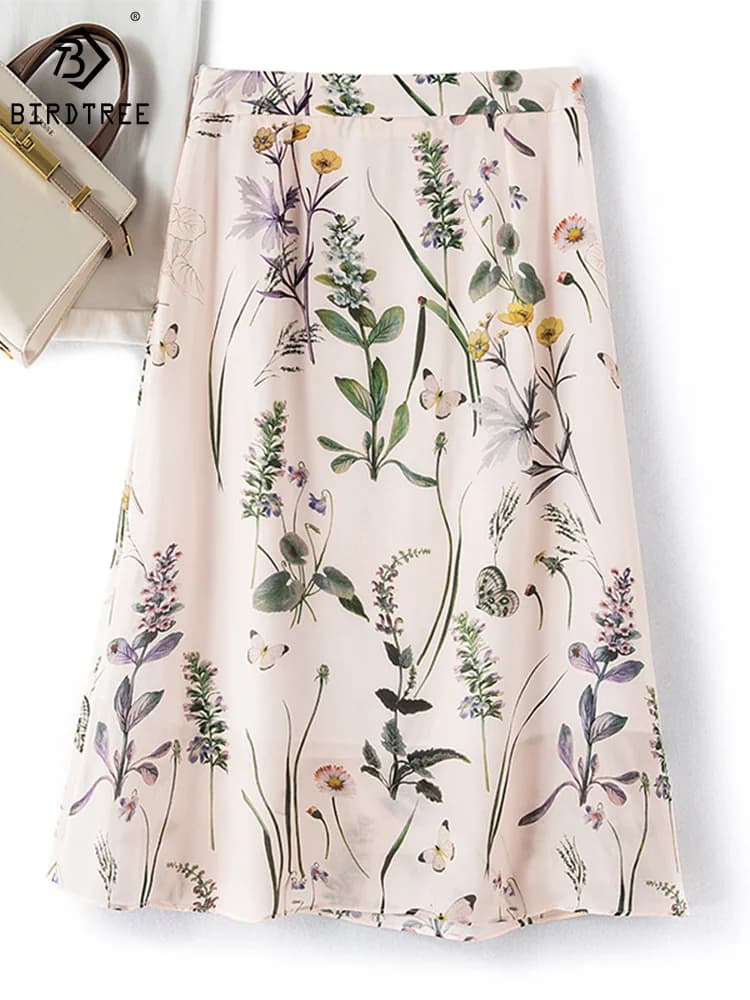 Jupe longue élégante Birdtree en soie 100% naturelle, taille haute, coupe trapèze, imprimé vintage e
