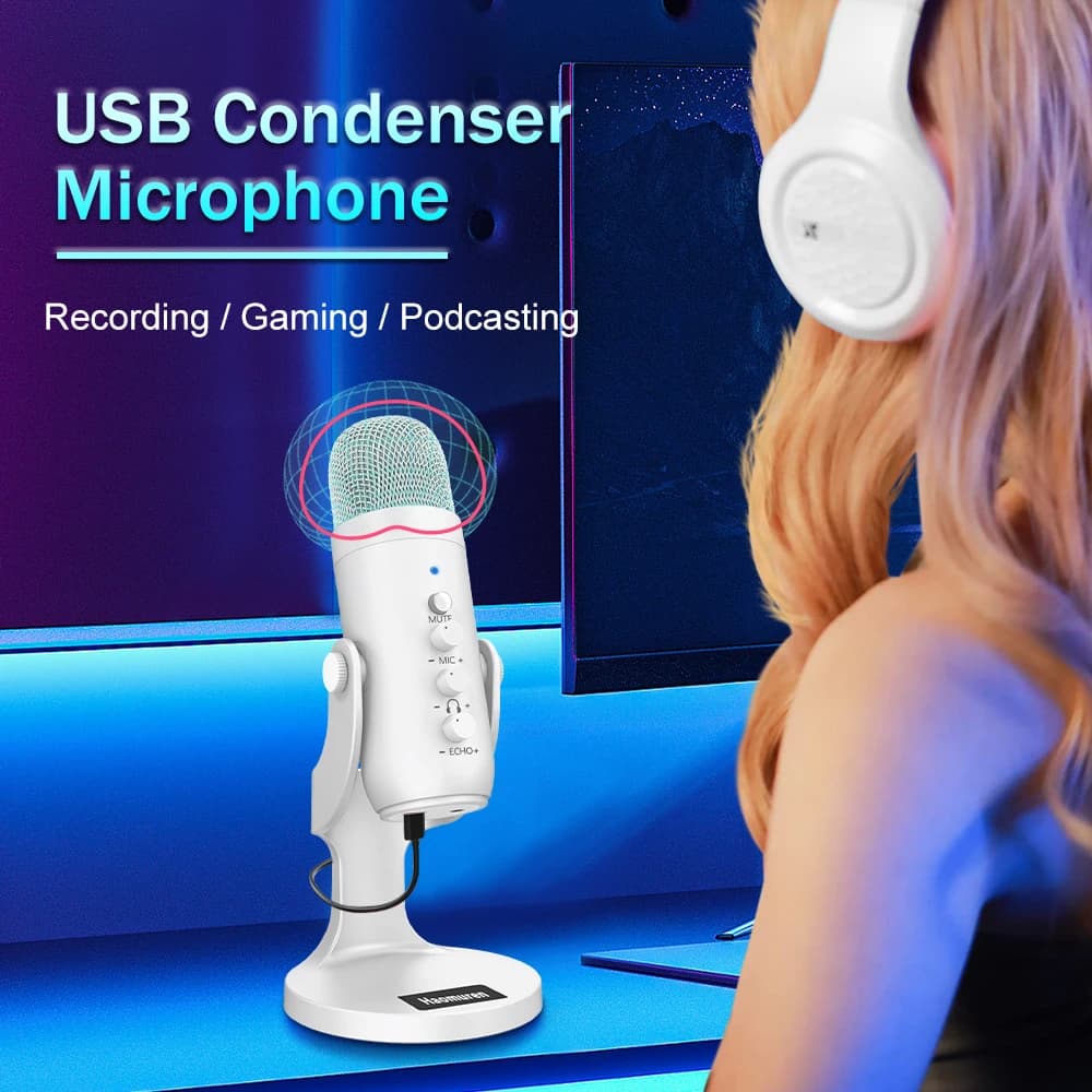 Haomuren-Microphone à condensateur USB blanc professionnel, studio, statique, micro pour PC, ordinat