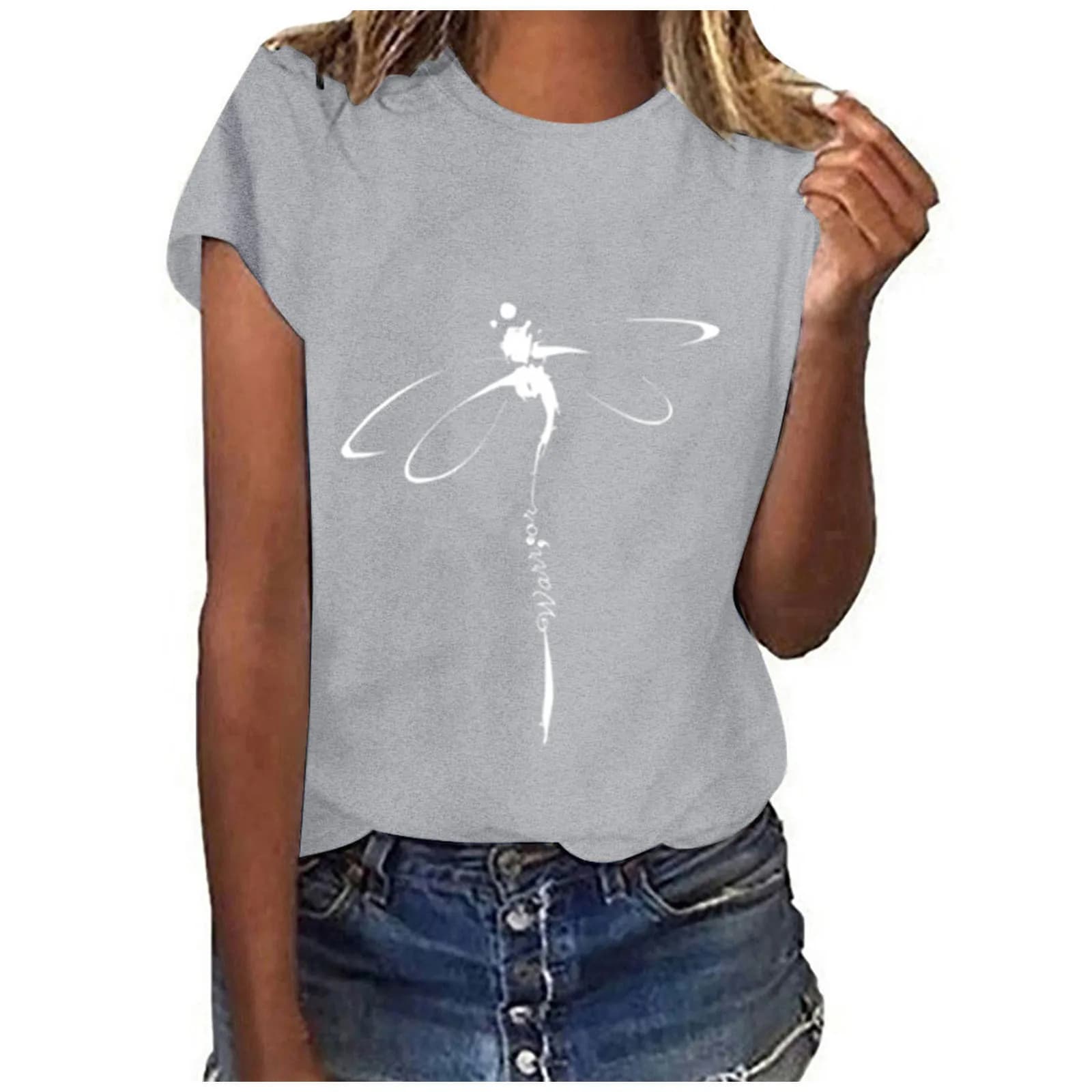 Hauts libellule imprimé col Original chemise de Base décontractée à manches courtes femmes T-shirt s