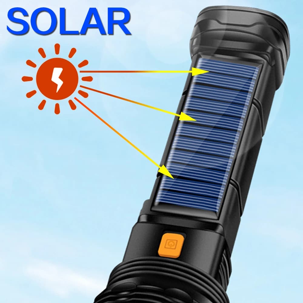 Lampe de poche solaire LED multifonction lanterne extérieure longue portée torche batterie externe d