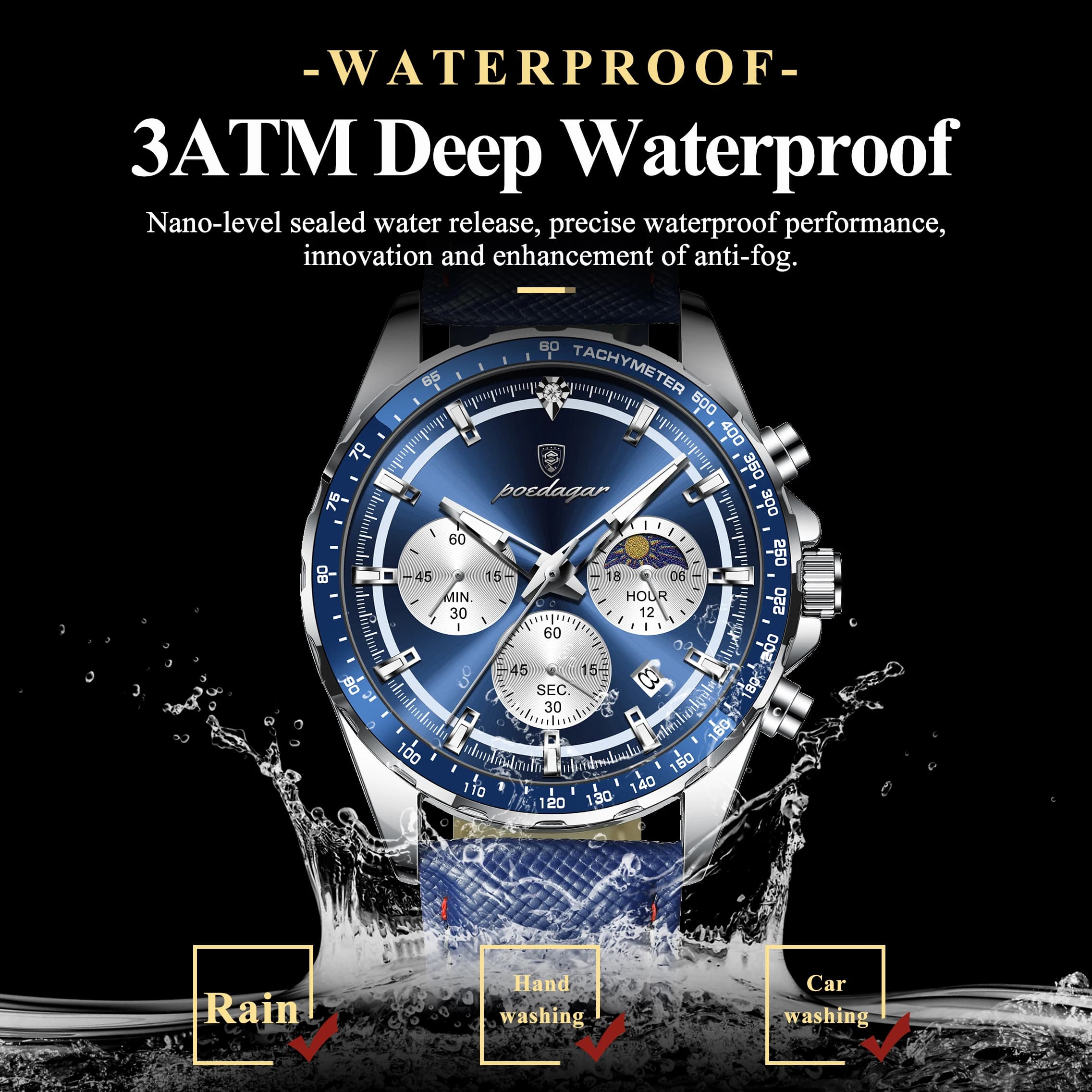 POEDAGAR Original mode hommes horloge lumineux étanche chronographe Date homme montre-bracelet en cu