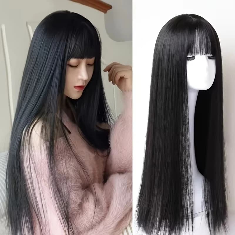 Perruque synthétique noire longue et lisse pour fête d'Halloween, perruque de cosplay pour usage quo