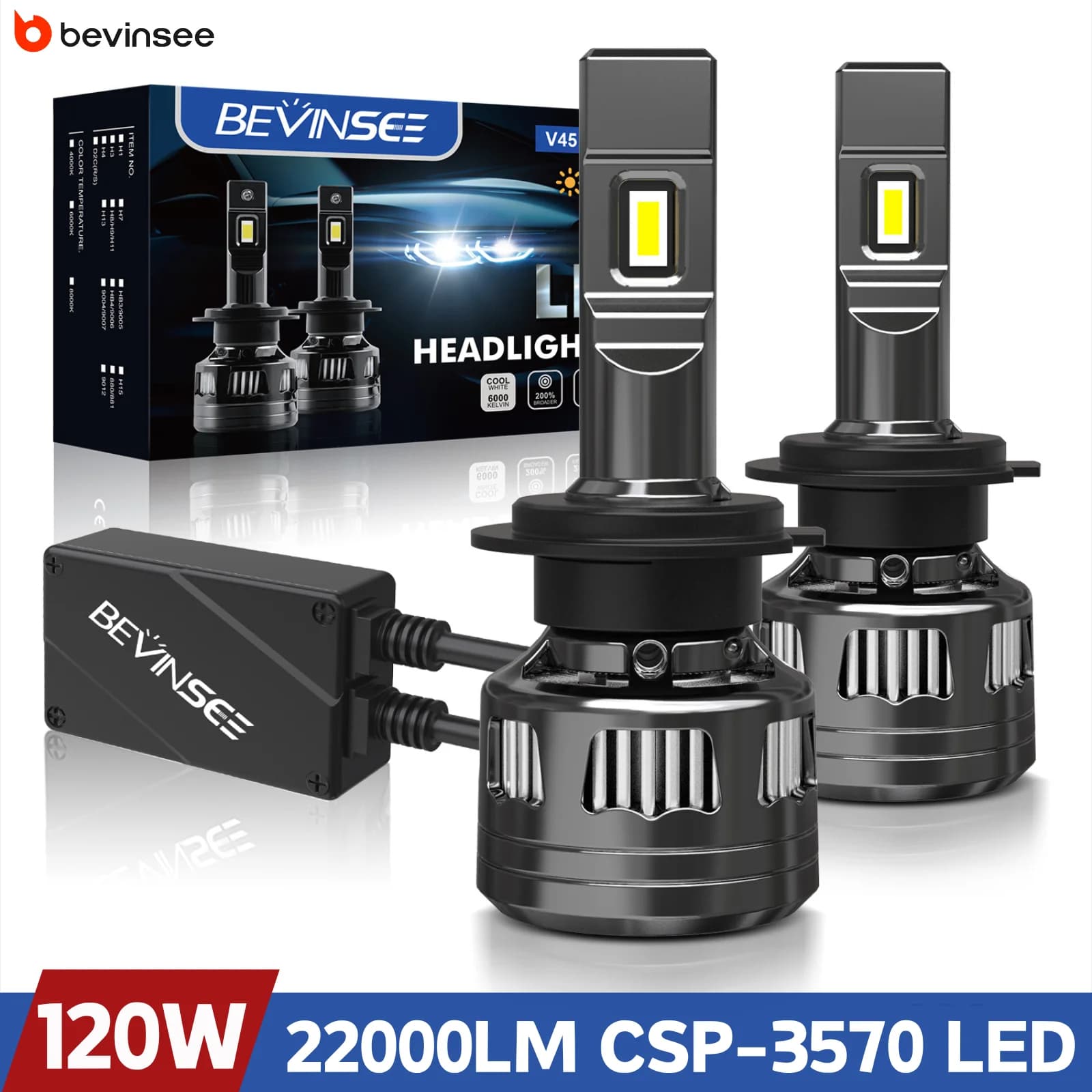 BEVINSEE V45 H7 LED CANBUS H4 H11 H1 120W 22000LM Ampoules haute puissance 9005 HB3 9006 HB4 H8 H9 9