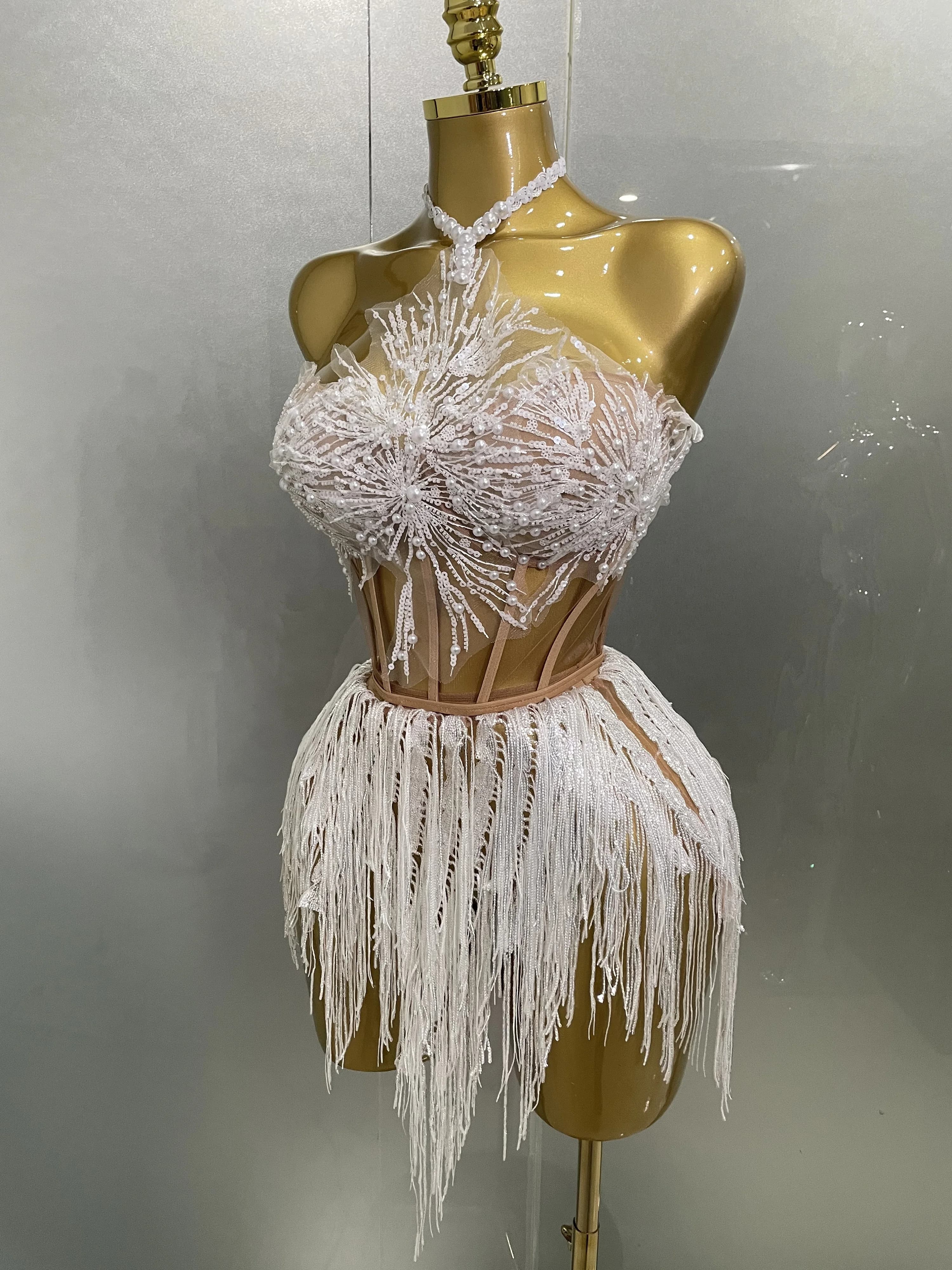 2025 Sexy perle paillettes gland sans manches paillettes Mini robe femmes chanteur Bar discothèque s