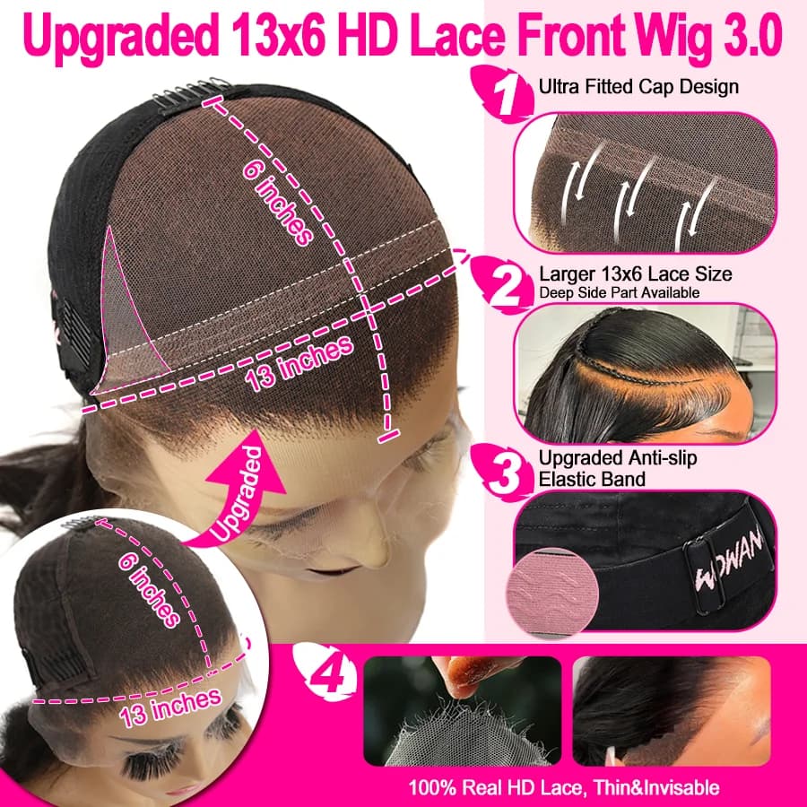 Perruque Full Lace Front Wig naturelle lisse, cheveux humains, 13x6, 250%, 34 pouces, pre-plucked, p