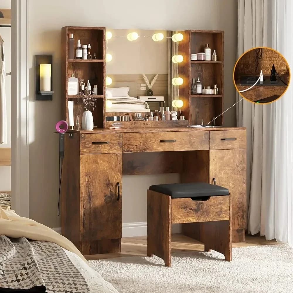 Grande table de maquillage avec miroir éclairé et multiprise – 3 modes d'éclairage réglables, beauco