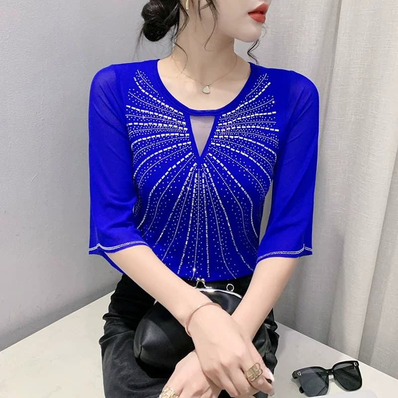 Été nouveauté demi manches évasées t-shirt femmes col rond diamants maille t-shirts hauts fille mode