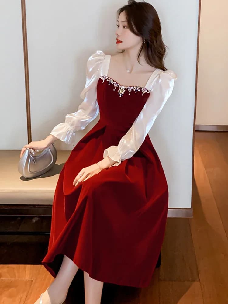 Robe de Soirée Élégante en Satin Velours Rouge 2026 pour Mariage Femme, Robe Moulante à Manches Long