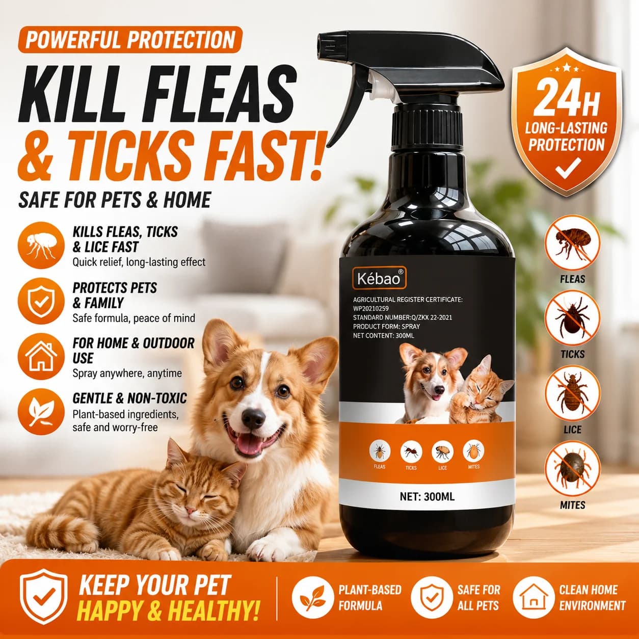 Médicament anti-puces pour chiens et chats, élimination des puces, spray répulsif externe contre les