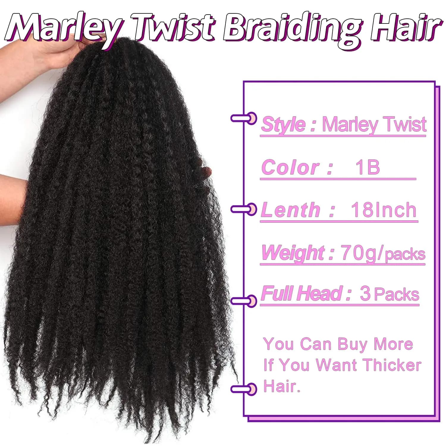 Cheveux synthétiques Marley Twist pour tresses – 18 pouces, doux, pour tresses Marley Twist, 1/3/8 p
