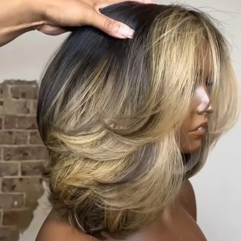 Perruque courte bob en cheveux humains avec closure en dentelle 5x5, coupe dégradée, mèches blondes,