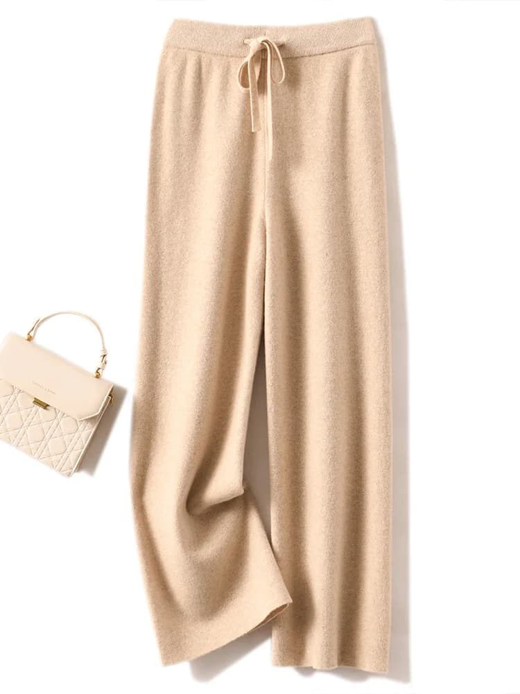 Pantalon basique doux et décontracté pour femme, avec ceinture, tricot 100% laine mérinos, populaire