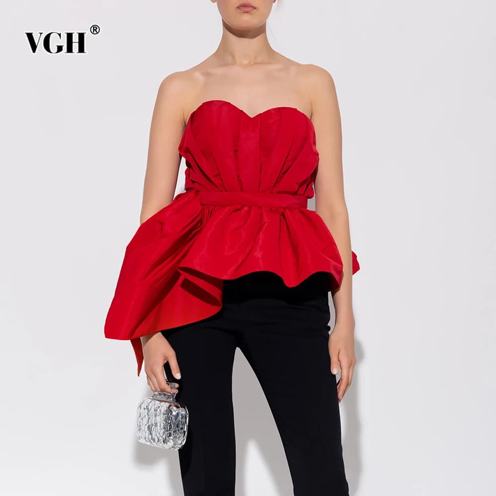 VGH Sexy couleur rouge épissé plis débardeur pour femmes Sweatheart cou sans manches patchwork ferme