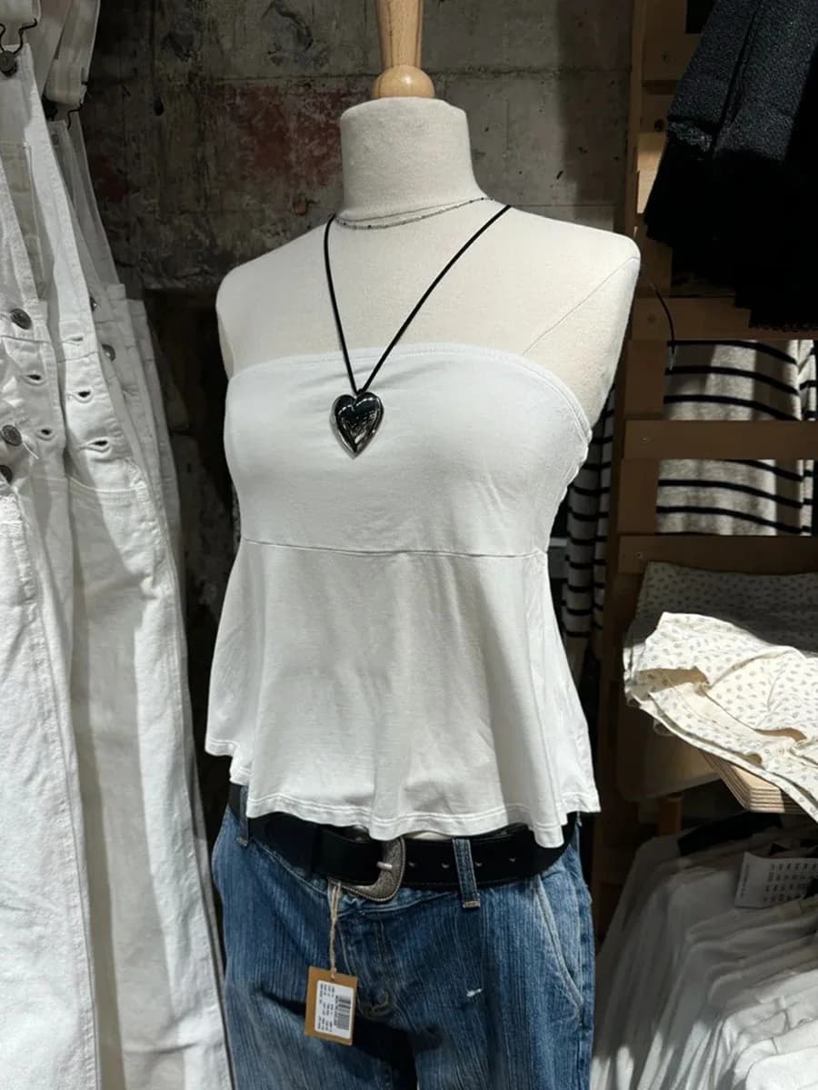 Haut court sans bretelles pour femme, plis, coton doux, blanc, simple, décontracté, vintage, streetw