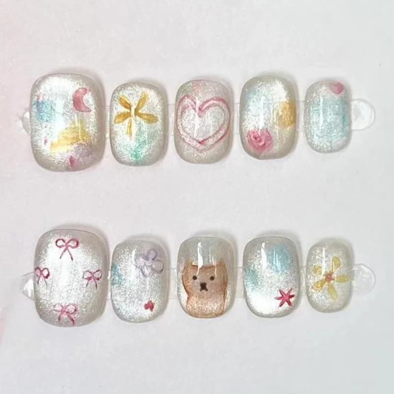 10 pièces mignon court rond à la main faux ongles paillettes coloré 3D doux Cool Art fini ongles pou