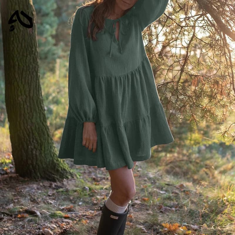 Original Robe en mousseline 100% coton, style rétro, ample, à lacets, à volants, manches longues, ve