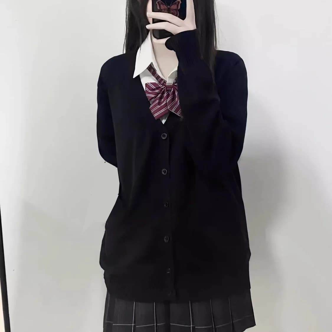 Pull tricoté à col en v de couleur unie de mode japonaise, haut cardigan uniforme newJK original, pu
