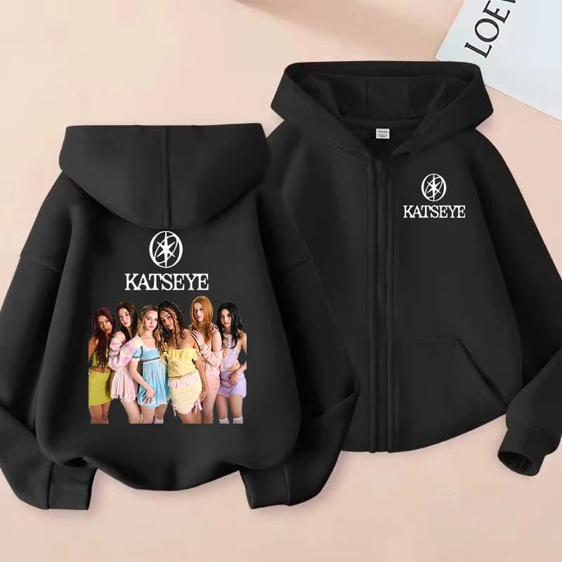 Vêtements pour petites filles, sweat-shirt à capuche avec fermeture éclair Katseye, sweat-shirt déco