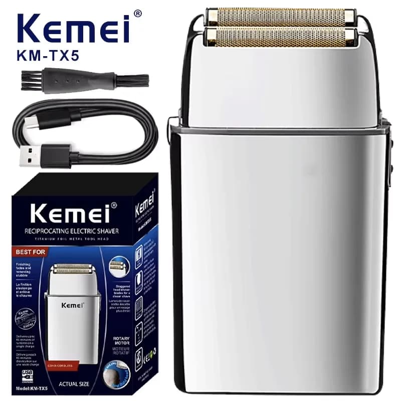 Kemei KM-TX5 Premium batterie rechargeable Type argent rasoir Double filet en alliage d'aluminium ra
