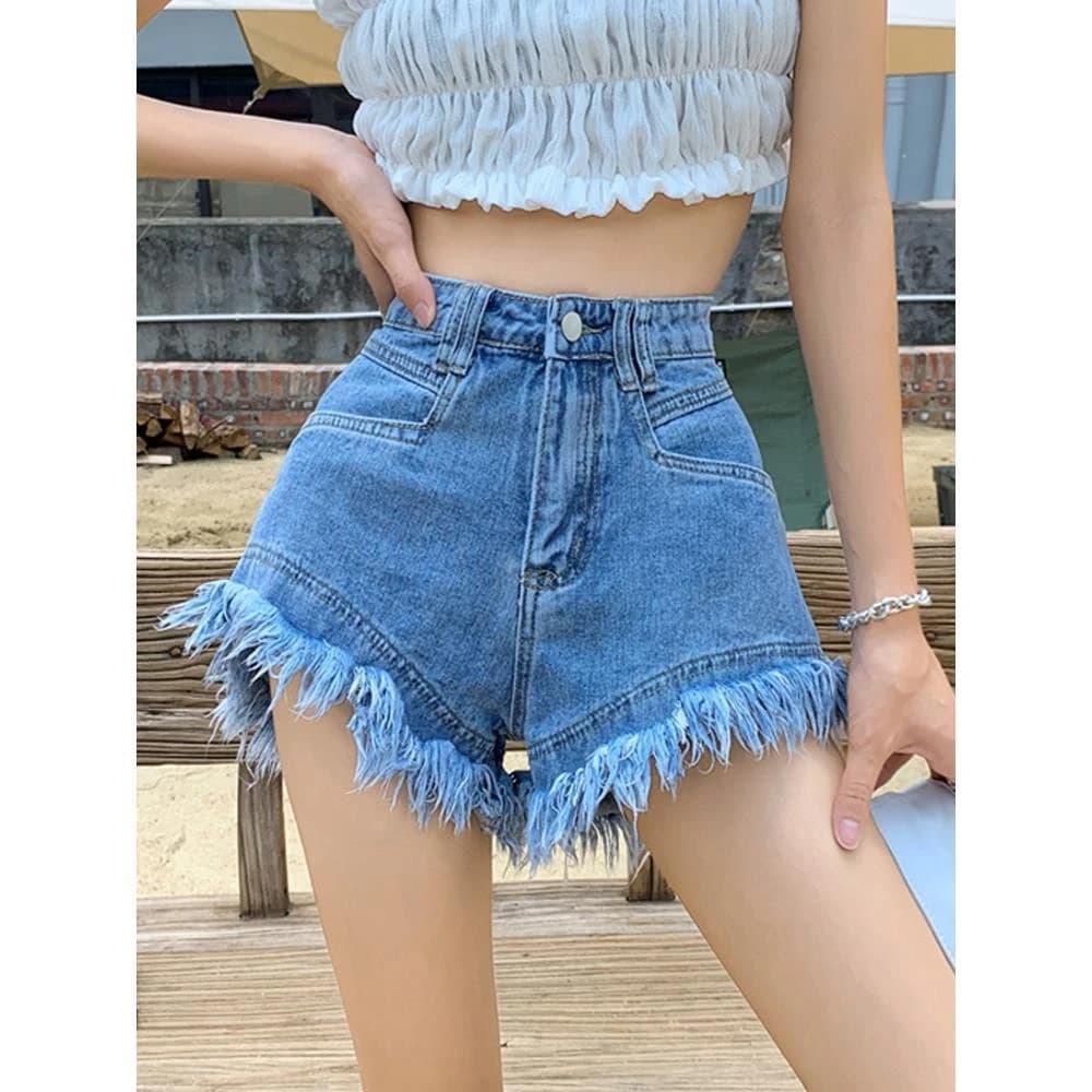 Short en Denim taille haute pour femmes, nouveau Design, jambes larges, ample, pompon en forme de A,