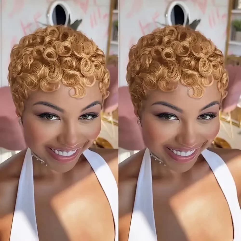 Perruque brésilienne Remy cheveux humains pleine Machine perruque bouclée coupe lutin perruque court