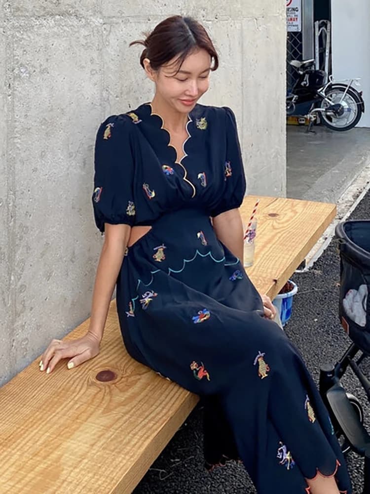 Robe longue en mousseline de soie brodée de fleurs vintage pour femmes, évider, taille incurvée, col