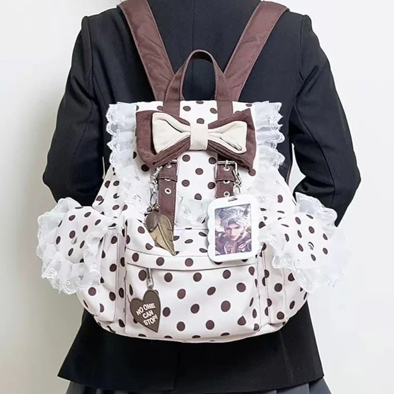 Sac à dos Preppy à pois avec nœud décoratif en dentelle, plusieurs poches, grande capacité, sac simp